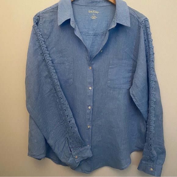 Lilly Pulitzer Tops - Lilly Pulitzer Blue Linen Long Sleeve Button Down Shirt Crochet Trim Size XL